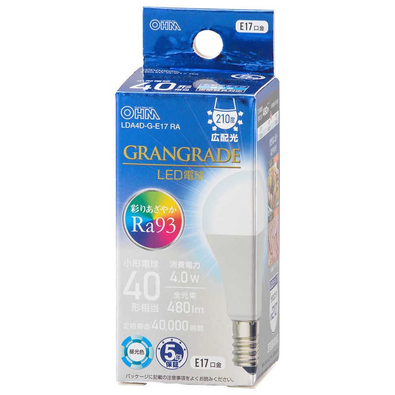 オーム電機 OHM ELECTRIC LED電球 GRANGRADE E17 40形相当 昼光色 広配光タイプ LDA4D-G-E17 RA