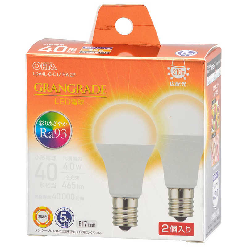 オーム電機 OHM ELECTRIC LED電球 小形 E17 GRANGRADE 広配光タイプ 40形相当 電球色 2個入 LDA4L-G-E17 RA 2P
