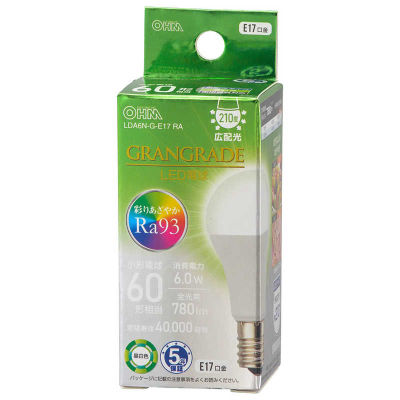 オーム電機 OHM LED電球小形E17 60形相当 昼白色 LDA6N-G-E17 RA