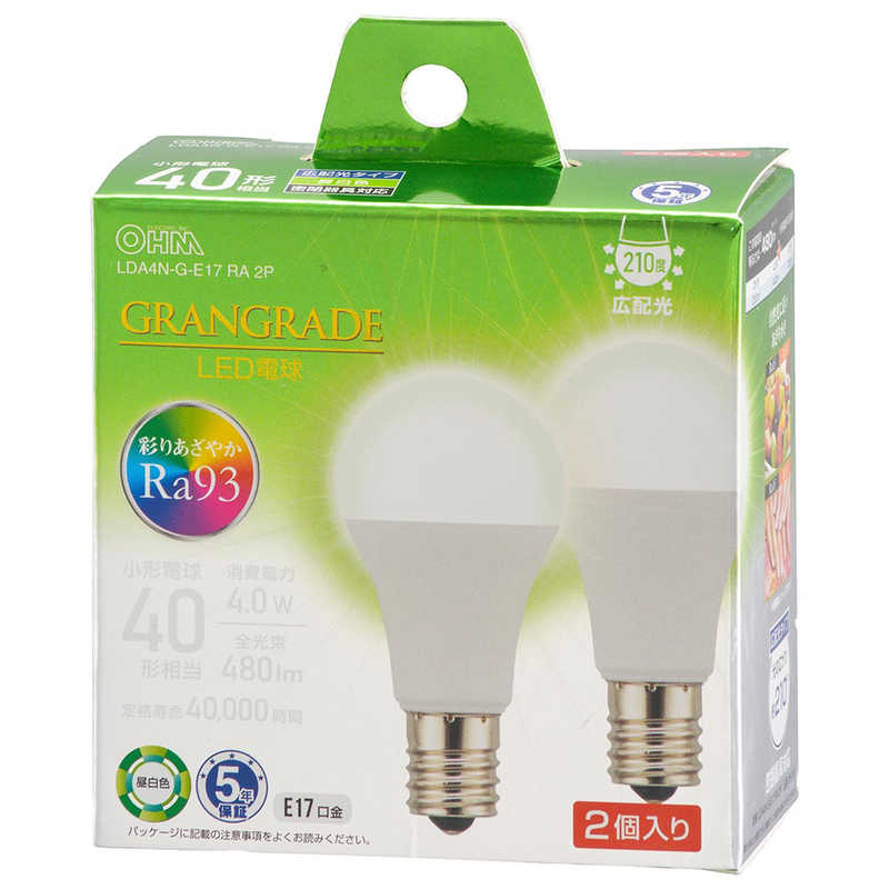 オーム電機 OHM LED電球E17小形40形相当昼白色高演色Ra932個入LDA4N-G-E17RA2P
