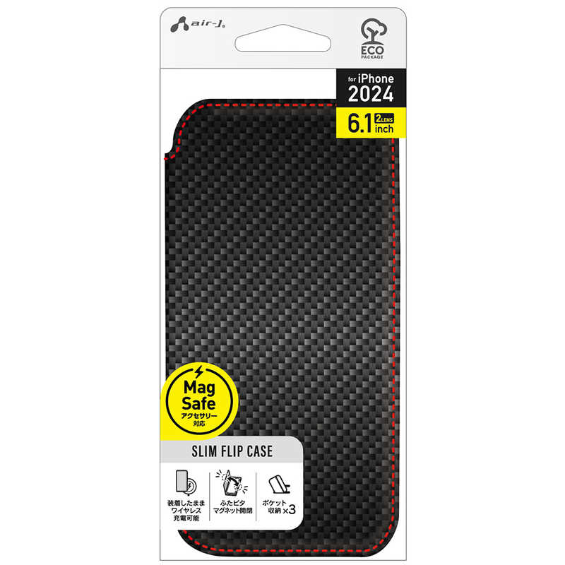 エアージェイ air-j iPhone 16用MAGSAFE対応 スリム手帳型ケース カーボン/レッドライン AC-P24-PMB CBR