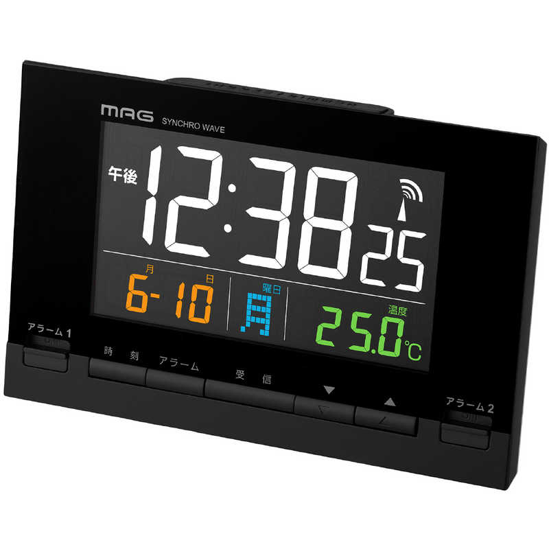 MAG ダブルアラーム機能で見やすさを追求したカラーLCD 電波時計 AC電源 カラーデジット ［デジタル / 電波自動受信機能有］ ブラック T-793 BK