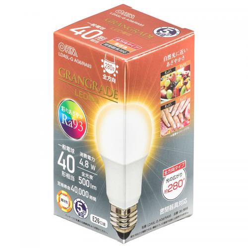 オーム OHM LED電球 E26 40形相当 電球色 LDA5L-GAG6-RA93