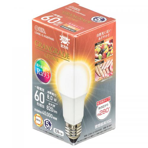 オーム OHM LED電球 E26 60形相当 電球色 LDA8L-G-AG6-RA93