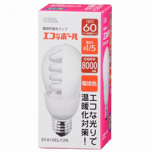 オーム電機 OHM 電球形蛍光灯 E26 60形相当 電球色 エコなボール EFA15EL-12N