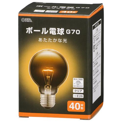 オーム電機 OHM ボール電球 E26 40W形 電球色 G70 クリア LB-G7640K-CN