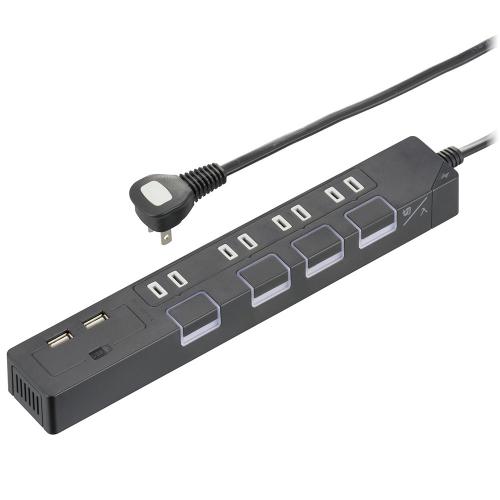オーム電機 OHM 節電タップ光る押しボタンスイッチ雷ガード4個口 USBポート付き 2m ブラック HS-TPKU42K-22