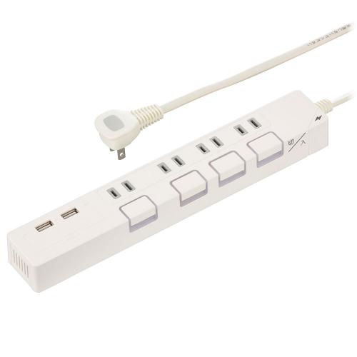 オーム電機 OHM 節電タップ光る押しボタンスイッチ雷ガード4個口 USBポート付き 2m ホワイト HS-TPKU42W-22
