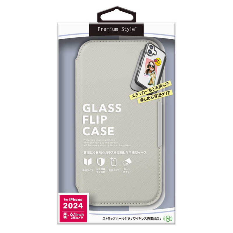 PGA iPhone 16用 ガラスフリップケース [サフィアーノ調/グレー] PG-24AGF05GY