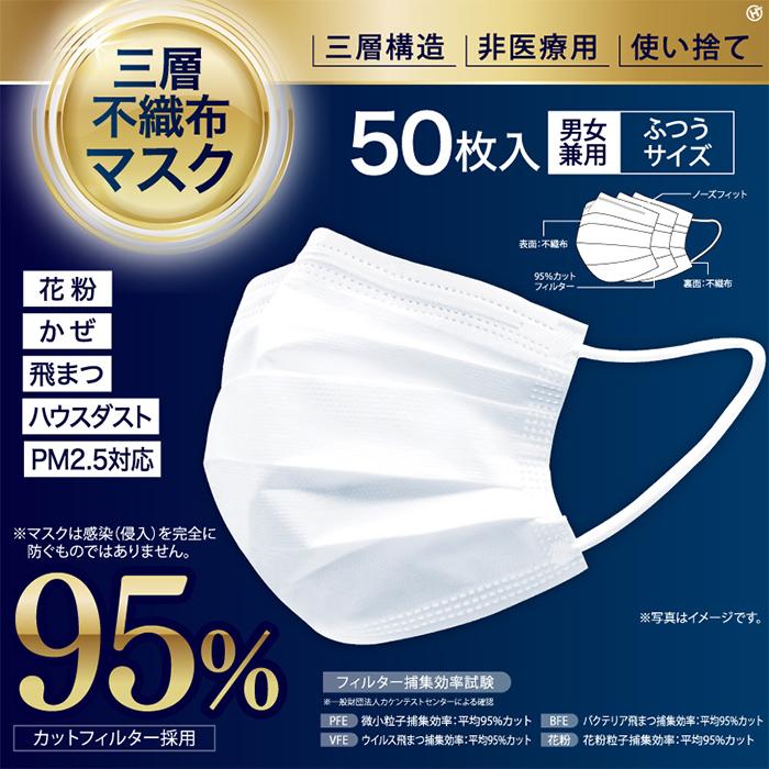 ヒロコーポレーション HIRO 不織布マスク 95%三層 ふつうサイズ ホワイト 50枚入 HIROマスク50P-W