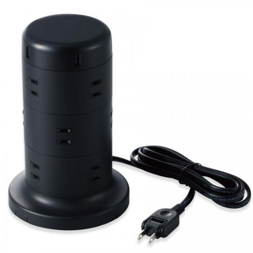 エレコム ELECOM タワー型タップ 12個口+USB 5ポート・2m ブラック TT-U02-1220BK